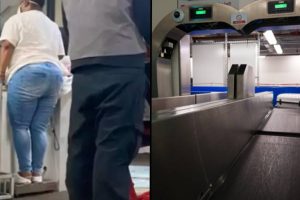 A nőt „biztonsági okokból” poggyászok mérlegelésére használt mérlegen mérik le a repülőtéren